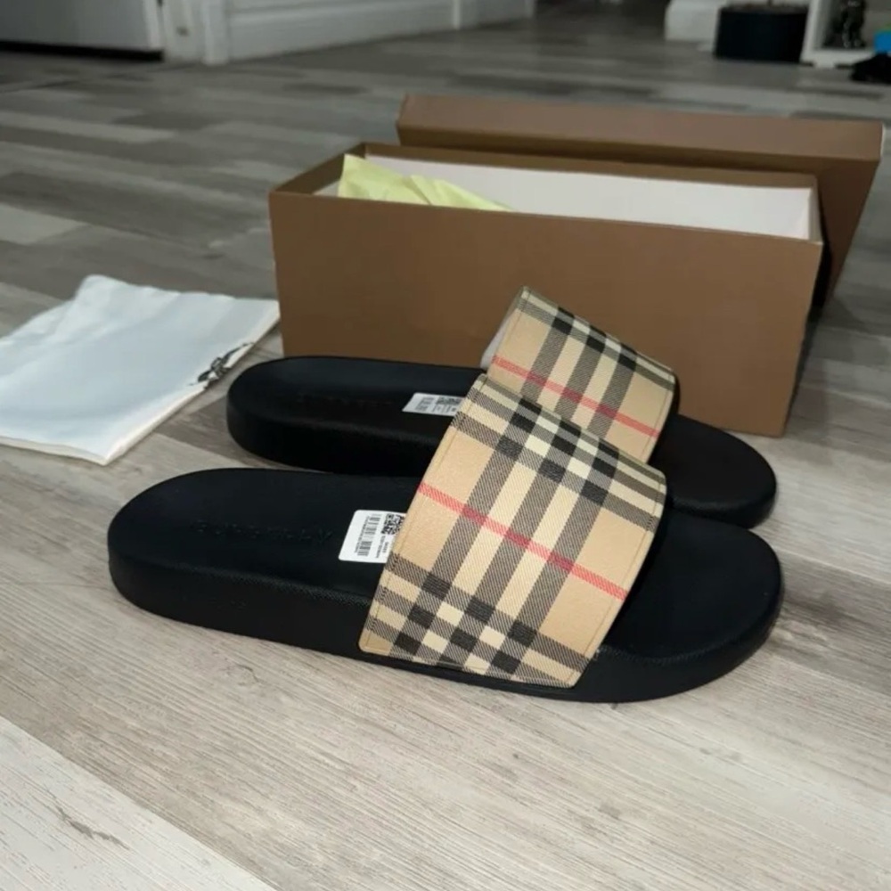 Burberry Beige Vintage Check Slide Sandals with Black Sole
